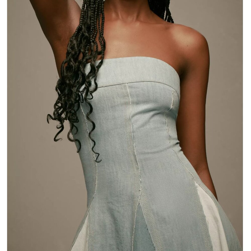 Anthropologie Pilcro Strapless Seamed Denim Mini Dress Light Blue Medium - Picture 4 of 10